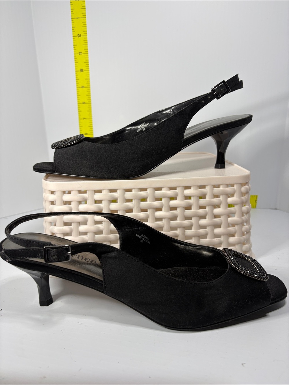 Vintage satin J.Renee Black Beaded Slingback Kitten Heels. Box 29